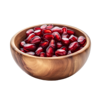 Fresh pomegranate seeds displayed in a wooden bowl on a transparent background for culinary use, Pomegranate seeds in wood bowl isolated on transparent background png