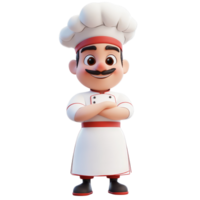 Cartoon chef character wearing a hat and apron with arms crossed against a transparent background, 3D cartoon character chef on transparent background png