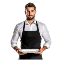 Handsome waiter presenting empty plate in formal attire, isolated png