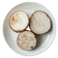 Sliced taro root displayed on a transparent plate against a clean background for culinary presentation, slice taro root on transparent plate on transparent background png