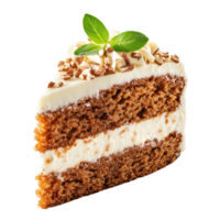 Indulge in an isolated slice of moist carrot cake topped with creamy cheese frosting and garnished with mint leaves, Isolated slice of carrot cake with cheese cream png