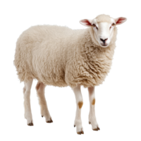 A woolly sheep stands on a transparent background, showcasing its soft fleece and curious look, Sheep on isolated transparent background png