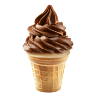 Delicious chocolate soft serve ice cream in a waffle cone presented on a smooth transparent background, perfect for dessert lovers, Chocolate Soft Serve Ice Cream in Cone Isolated on transparent png