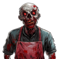 A terrifying zombie in a bloody apron stands menacingly against a stark transparent background, Scary zombie wearing a bloody apron on transparent background png