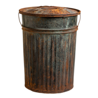 An old rusty metal trash can isolated on a transparent background, highlighting its weathered features and texture, old rusty metal trash can isolated on transparent background png