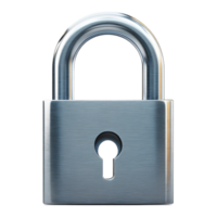 A metallic padlock with a hole visible from the front, showcasing sleek design and robust security features, metallic padlock with hole front view isolated on transparent background png