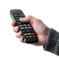 Man holding a remote control in hand against a plain transparent background, A man holding remote control on transparent backgroundfile png