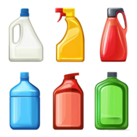 Collection of colorful liquid clean containers arranged against a transparent background, liquid clean container on transparent background png