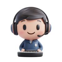 Character handling a call in a call center, wearing a headset and working at a computer desk, 3D Character Handling Call in Call Centre On transparent background png