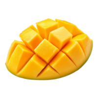 Ripe mango slice cut into cubes, showcasing bright yellow fruit against a clean transparent background, ripe mango slice isolated on transparent background png