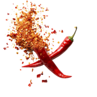 Bursting chili flakes scattered from vibrant red chili peppers on a transparent surface, Chili flakes bursting out from red chili pepper over transparent background png