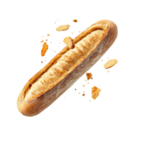 Freshly baked baguette with crisp crumbs floating in midair, showcasing texture and craftsmanship, Fresh Baguette with Crisp Crumbs Floating isolated on transparent background png