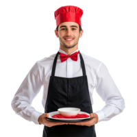 Festive waiter in a red hat and bowtie ready to serve a meal on a transparent background during a celebration, Festive Waiter Ready to Serve On transparent background png