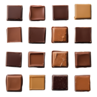 Delicious squares of assorted chocolate arranged on a pristine transparent surface perfect for any dessert lovers delight, squares of chocolate on transparent background png