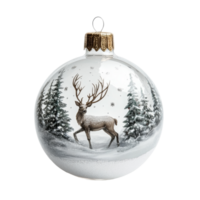 Charming Christmas snow globe featuring a reindeer figure surrounded by snowcovered trees against a clean background, Christmas snow ball with reindeer figure, isolated on transparent background png
