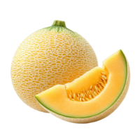 Fresh yellow melon with seeds and a slice displaying its juicy texture and vibrant color on a transparent background, yellow melon or cantaloupe melon with seeds isolated on transparent background png