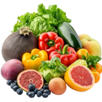 A colorful assortment of fresh fruits and vegetables creatively arranged for a vibrant natural display, Mixed of different fruits and vegetable isolated on transparent background png