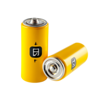 Two alkaline AA batteries with a yellow cylindrical design, ready for use in various devices, AA batteries, yellow cylinder alkaline with plus and minus isolated on transparent background png