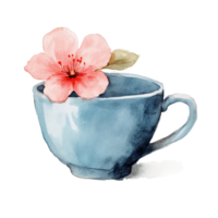 Delicate watercolor cup featuring a blooming flower, perfect for a serene indoor decoration or art project, cup with flower isolated on transparent background png