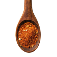 Chili powder in a wooden spoon isolated on a bright transparent background for culinary use and spice recipes, Chili powder in wood spoon isolated on transparent background png