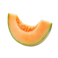 Fresh slice of cantaloupe melon on a clean transparent background showcasing vibrant orange flesh and green rind, slice cantaloupe melon isolated on transparent background png