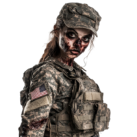 A terrifying female zombie in military attire with a haunting expression on a transparent background, scary military female zombie on transparent background png