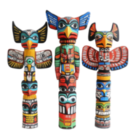 Colorful totem pole figures display intricate designs on a bright transparent background showcasing cultural artistry and craftsmanship, Colorful Totem Pole Figures on transparent background png