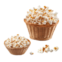 Tasty popcorn in a basket and bowl on a transparent background, ideal for movie night snacking, popcorn in basket and bowl isolated on transparent background png