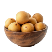 Fresh longan fruit arranged in a wooden bowl on a clean transparent background for a vibrant display, Longan in wood bowl isolated on transparent background png