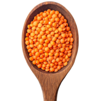 Red lentils in a wooden spoon resting on a clean transparent background ready for cooking or serving in a healthy meal, red lentils in wood spoon on transparent background png