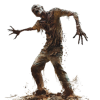 A zombie rises menacingly from the ground, showcasing eerie details against a stark transparent background, Zombie Rising from Ground on transparent background png