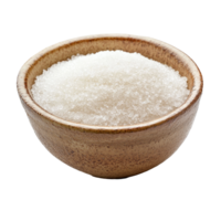 Fresh granulated sugar in a simple ceramic bowl resting on a bright transparent background, sugar in ceramic bowl on transparent background png