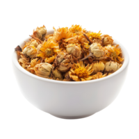 Dried chrysanthemum flowers in a transparent bowl isolated on a background capturing natures beauty, dried chrysanthemum flowers in transparent bowl isolated on transparent background png