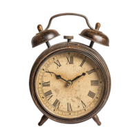 Vintage metal table alarm clock with Roman numerals on a clean background, perfect for home decor and nostalgia, vintage table alarm clock, file of isolated object with shadow on transparent png