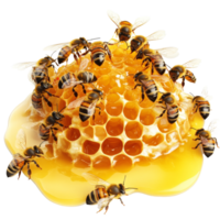 Honeycomb dripping with golden honey surrounded by busy bees collecting nectar, bees and their honey, transparent background, png