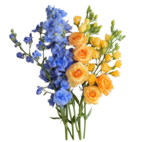 A vibrant arrangement of blue delphiniums and apricotorange roses for a fresh floral display, Blue Delphiniums complemented by Apricot Orange Roses and Lemon Yellow Freesias transparent background png
