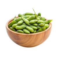 Fresh green soybeans in a wooden bowl isolated on a transparent background for healthy eating and cooking ideas, Green soy beans in wood bowl isolated on transparent background png