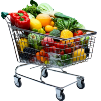 A shopping cart filled with fresh groceries and produce at a local marketplace during daylight hours, file no background Shopping cart full of groceries png