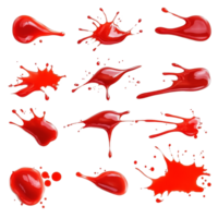 Bright red ketchup sauce stains isolated on transparent transparent background showcasing various splatter and drip patterns, red ketchup sauce stain isolated on transparent background png