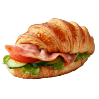 Delicious ham and vegetable croissant sandwich topped with fresh tomato and cucumber, perfect for a satisfying lunch, ham croissant sandwich with tomato and cucumber png