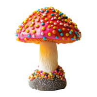 A vibrant candy mushroom with colorful sprinkles stands out against a clean transparent background, showcasing whimsical dessert artistry and craftsmanship, Colorful candy mushroom on a transparent png