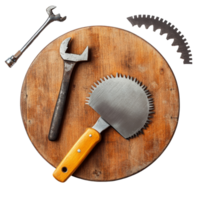 Essential saw blade and work tools arranged on a wooden surface for efficient DIY projects at home, Saw blade with work tools isolated png