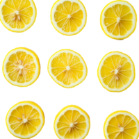 Fresh lemon slices arranged neatly on a clean transparent background for culinary and decorative purposes, Fresh lemon slices on transparent background png