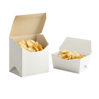 Cut open blank snack packaging displaying crispy snacks for a minimalist presentation on a bright background, Cut open blank snack packaging isolated png