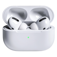 White Wireless Earbuds in Charging Case with Open Lid and Light png