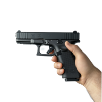 Hand holding a glock pistol against a transparent background in a controlled environment, Hand Holding Glock Pistol on transparent background png
