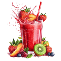 Refreshing strawberry juice with fruit splash surrounding a glass on a clean background, Strawberry juice with fruits splash Stock Illustration png