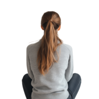 A woman relaxes in a casual outfit while seated on a soft transparent surface in a minimalistic space, Back View of a Woman Sitting in Casual Outfit on transparent background png