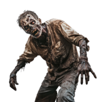A terrifying zombie emerges with a grotesque appearance on a stark transparent background, ready to instill fear, Scary Zombie Portrayed Isolated on transparent background png
