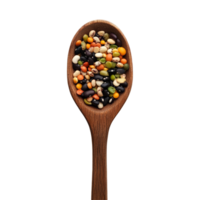 A wooden spoon filled with a colorful mix of grains and beans on a clean transparent background for culinary use, grains mix beans in wood spoon on transparent background png